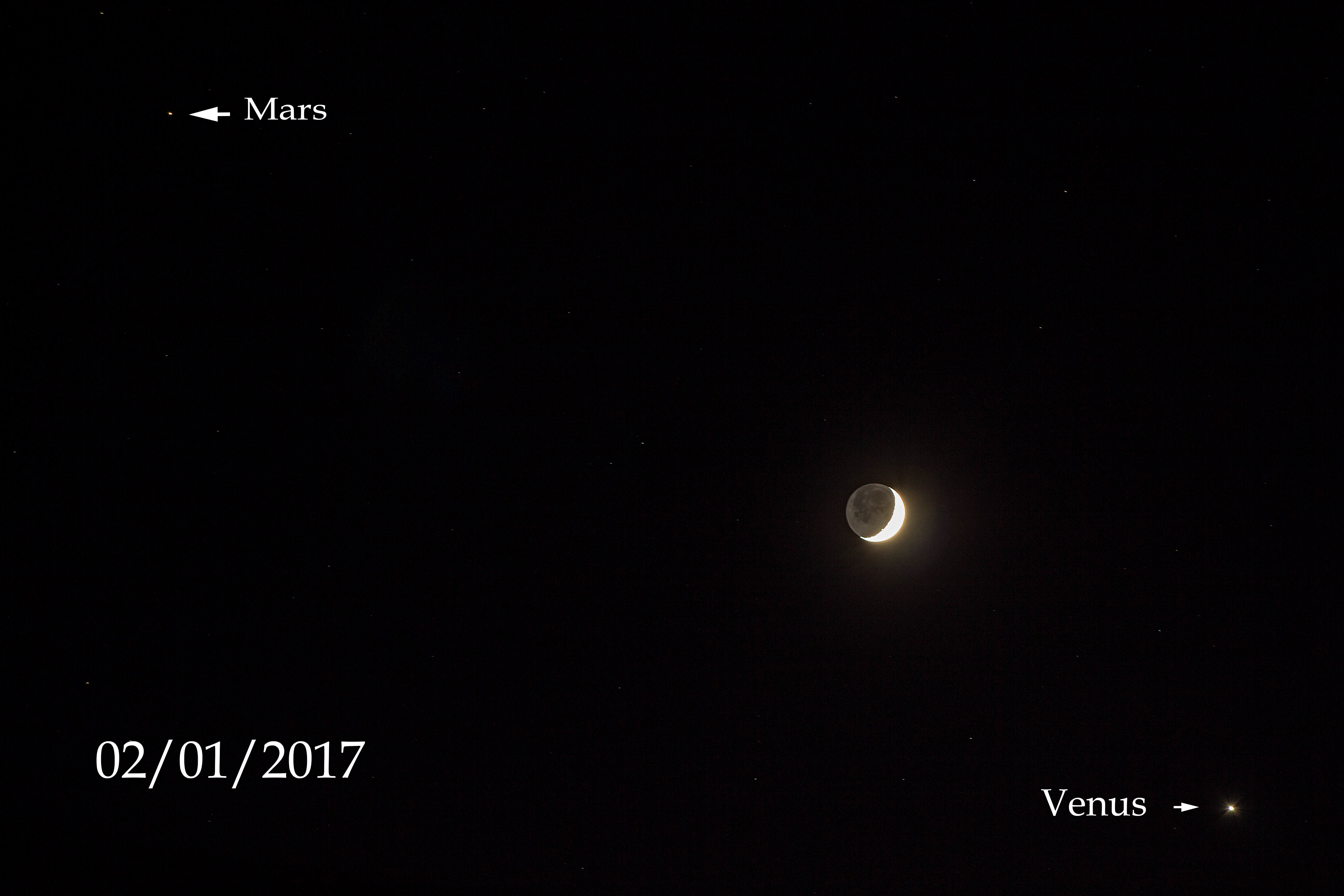 Conjunction of Moon, Venus and Mars by Andy Heenan. 2nd January 2017. Canon EOS 600D f/4.5, 4 seconds at ISO-100